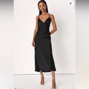 Romantic Flirt Black Satin Twist-Front Midi Dress